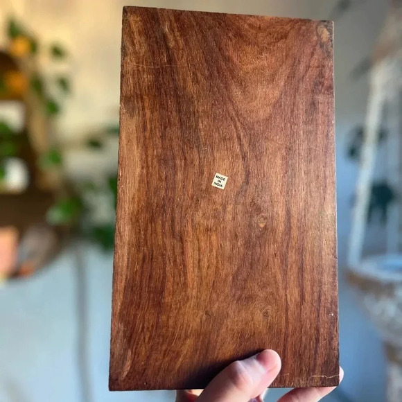 Hand-Carved Wooden Jewelry Box with Brass Inlay - 5x10” Made in India boho style - Picture 11 of 12